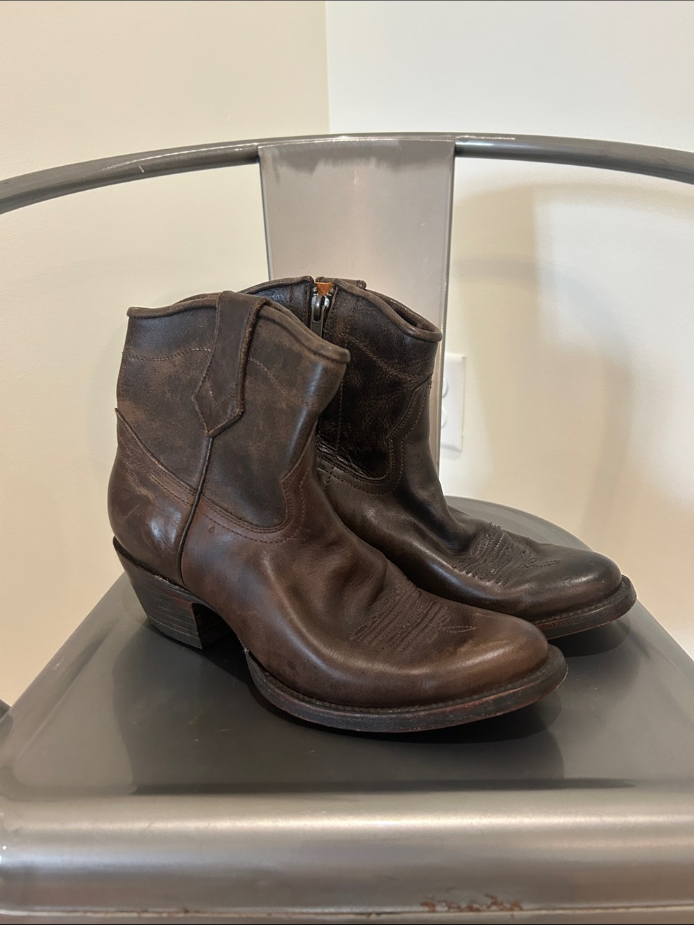 Women's Brown Leather Ankle Booties with Stacked Heel
